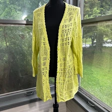CJ Banks Womens Open Knit Cardigan Sweater Chartreuse Yellow Size X