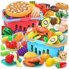 120 Pcs Cutting Play Food Toy for Multiple Kids with 2 Colors Storage Baskets,