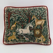 Vintage Hand-Stitched Needlepoint Pillow 14.5x12.5 Unicorn Lion Tapestry