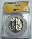 1946-S icy gem BU frosty WALKING LIBERTY U.S. silver half dollar. ANACS MS65 #47