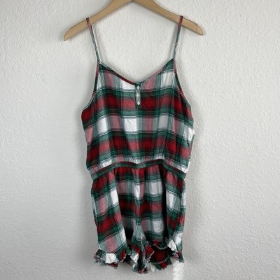 American Eagle L Flannel Lounge Romper Plaid Pajama Sleepwear Holiday Sleeveless