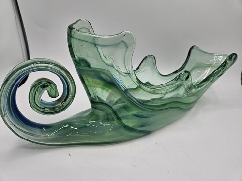 Vintage Mid-Century Hand Blown Sooner Art Glass Green Blue Cornucopia Vase 15in - Picture 5 of 9
