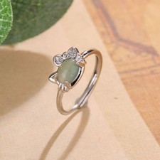 Blue Myanmar Jadeite Cat Rings Natural Burmese Jade 925 Silver Gifts for Women