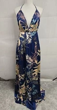Sweet Lemon Floral Backless Maxi Sun Dress Front Slit Blue Women’s Size M NWT