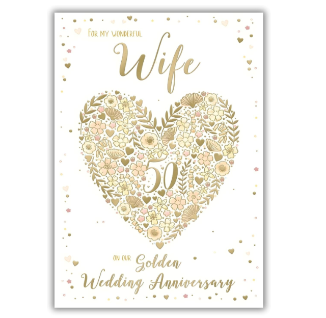 Anniversary Card WIFE GOLDEN 50th. **9"" Card. Gold foiling, paper pages inside**