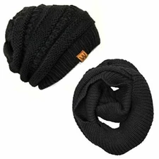 Wrapables Winter Warm Knitted Infinity Scarf and Beanie Hat Set, Black