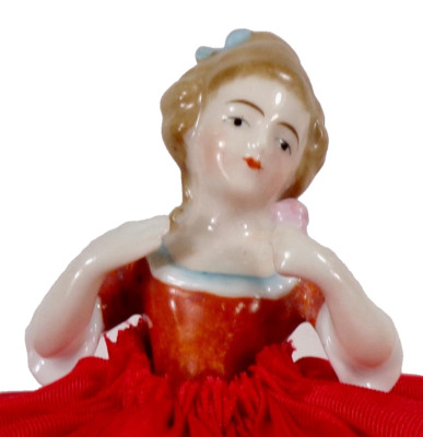 Half Doll Pin Cushion Victorian Lady Porcelain Red Gown Lace Vanity Accessory