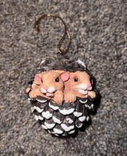 Vtg Woodland Pinecone Ornament Mice Babies Presents Bell Snow Heavy Resin