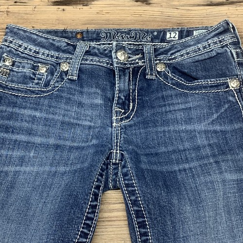 Miss Me Capris Girls 12 Blue Low Rise Jeans Embroidery Bling Jewel Saint JK6163P - Picture 5 of 10
