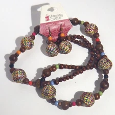 CHARMING CHARLIE Boho Necklace/Earring Set Wood & Silk Wrapped Beads 17" long