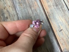 Pink and crystal cz heart ring in silver tone metal size 7