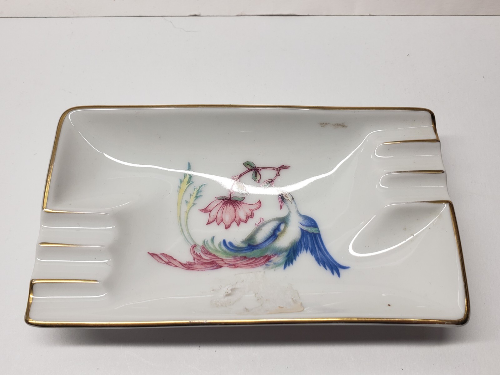 ROSENTHAL PORCELAIN ASHTRAY KRONACH GERMANY  GOLD RIM IVORY FLORAL BIRD