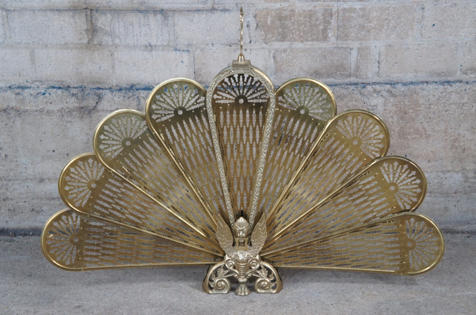Victorian Revival Brass Fireplace Folding Screen Fan Peacock Phoenix
