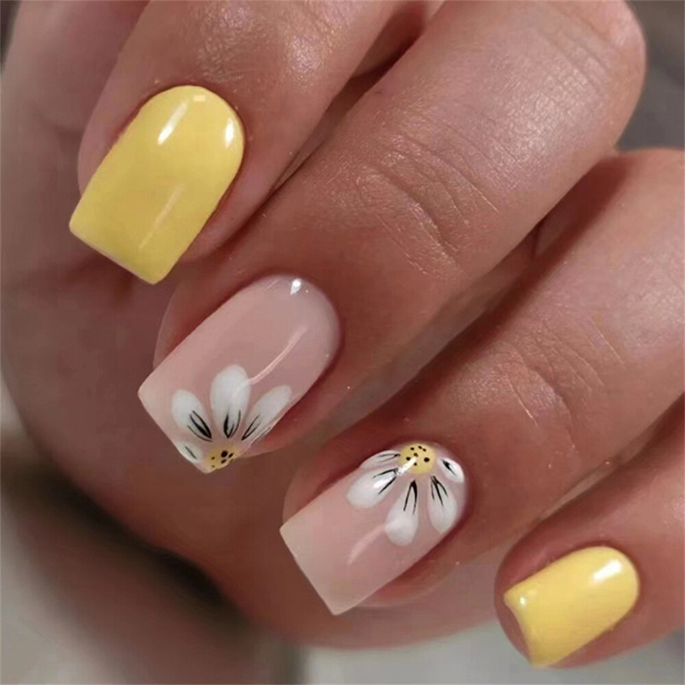 Cream Yellow False Nail Summer Medium Square Press on Nails for