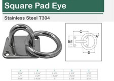 SS 304 Square Pad Eye Plate W Ring 3/16",1/4",5/16" Welded Formed Marine Rigging