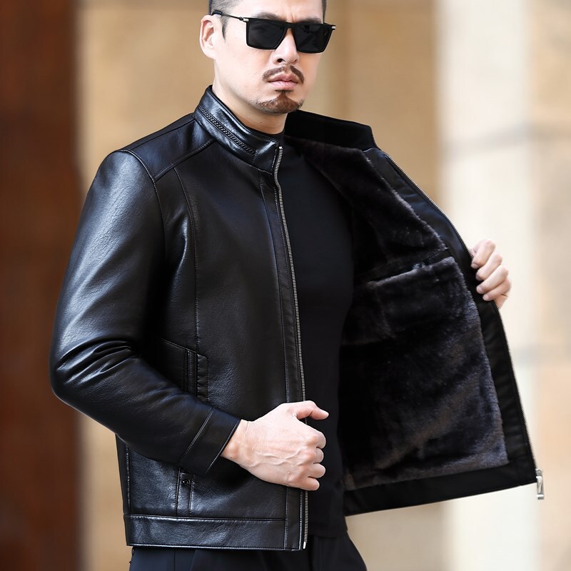 Mens Casual Pu Leather Jackets Faux Fleeced Lined Classic