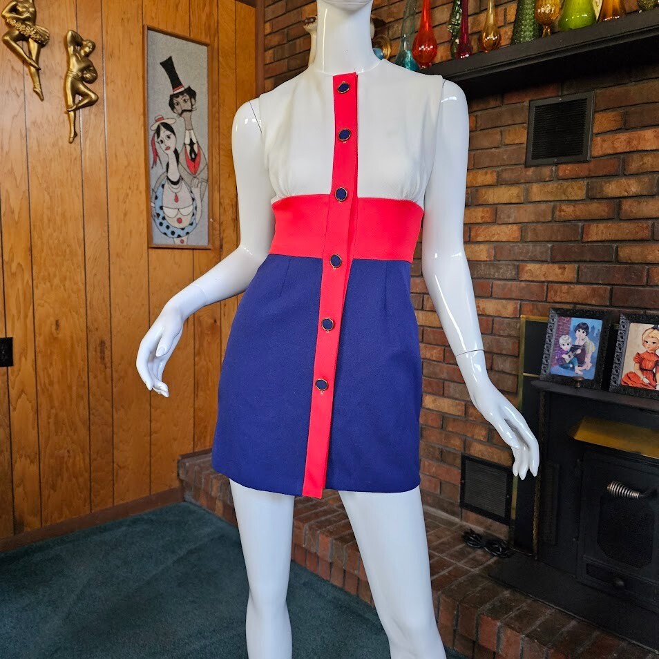 Vtg 60s Mod British Invasion Micro Mini RWB Stewardess Twiggy Go Go Dress  XS/S