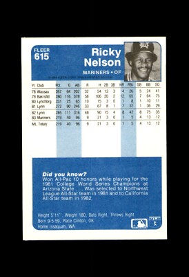 1984 FLEER BASEBALL CARD SEATTLE MARINERS #615 RICKY NELSON | eBay