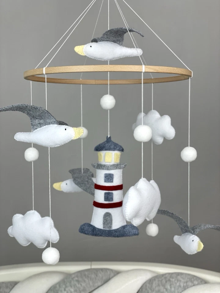 Gaviotas Bebé Cuna Móvil Océano Guardería Faro Móvil Costero Fieltro Mar Decoración Foto 3 de 4