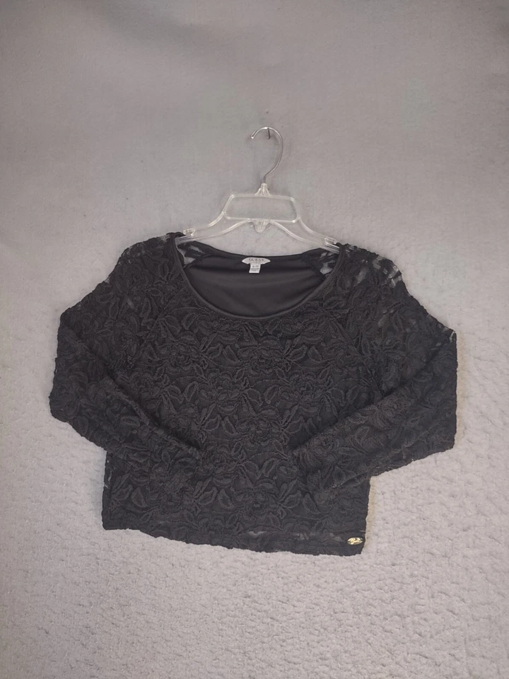 Guess Girls Shirt Youth XL Black Floral Cropped Long Sleeve Lace Pullover Shirt - Image 3 of 4