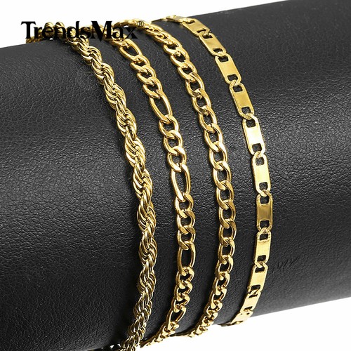 Brazalete tobillera de eslabones de acero inoxidable chapado en oro de 10" 2 piezas cadenas de bordillo Figaro de 3 mm - Imagen 1 de 19
