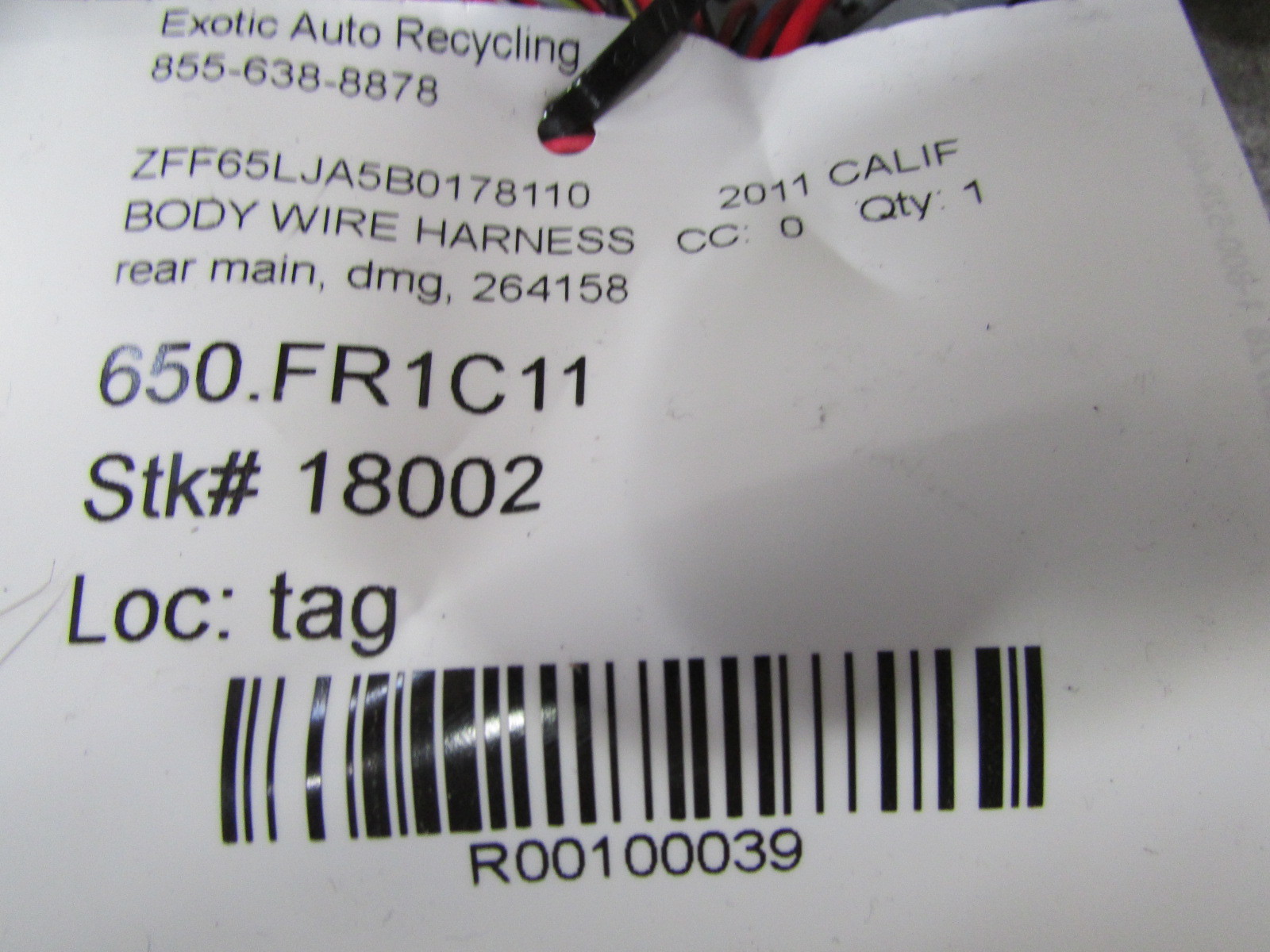 Ferrari California, Rear Main Body Wire Harness, Used, P/N 264158
