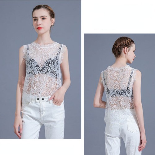 Lady Lace Sheer Sleeveless Vest Camisole Floral Undershirt Short Beachwear Thin - Picture 9 of 16