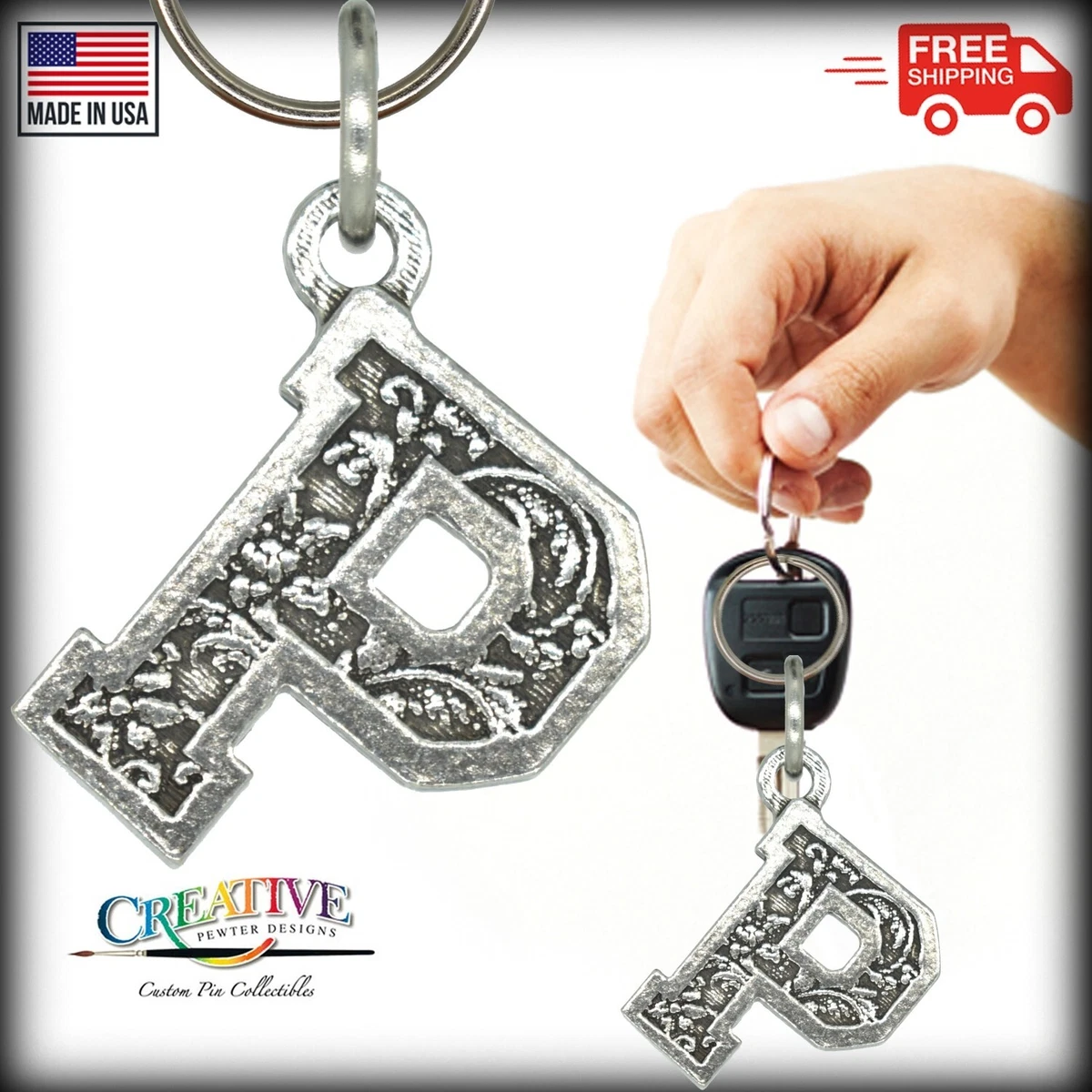 Letter P Keychain Keys Fob Ring Luggage Tag Handmade in the USA. L016KC