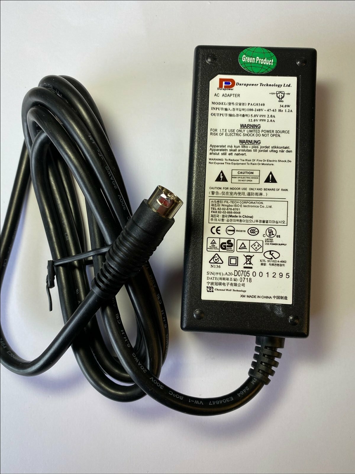 Top CHARGEUR * Adaptador Alimentación Cargador Corriente 12V 5V 2A 4 Pin Reemplazo Recambio STOREX SPP34-12.0/5.0-2000