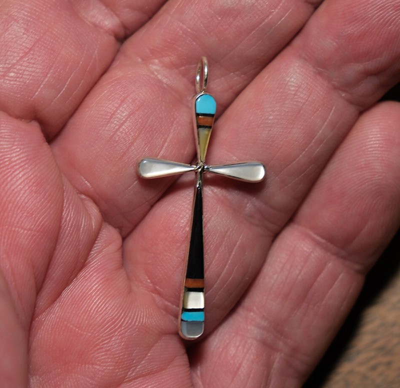 ZUNI - Inlaid CROSS Pendant - 1.75" / Turquoise, Red Coral, MOP, Jet - signed