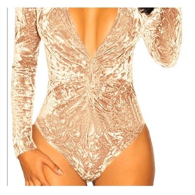 Makers of Dreams Champagne Crushed Velvet Twist Front V-Neck Bodysuit S Glam