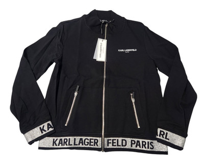 Karl Lagerfeld Paris Womens M Zip-Up Logo Tape Knit Jacket Black Metallic Silver