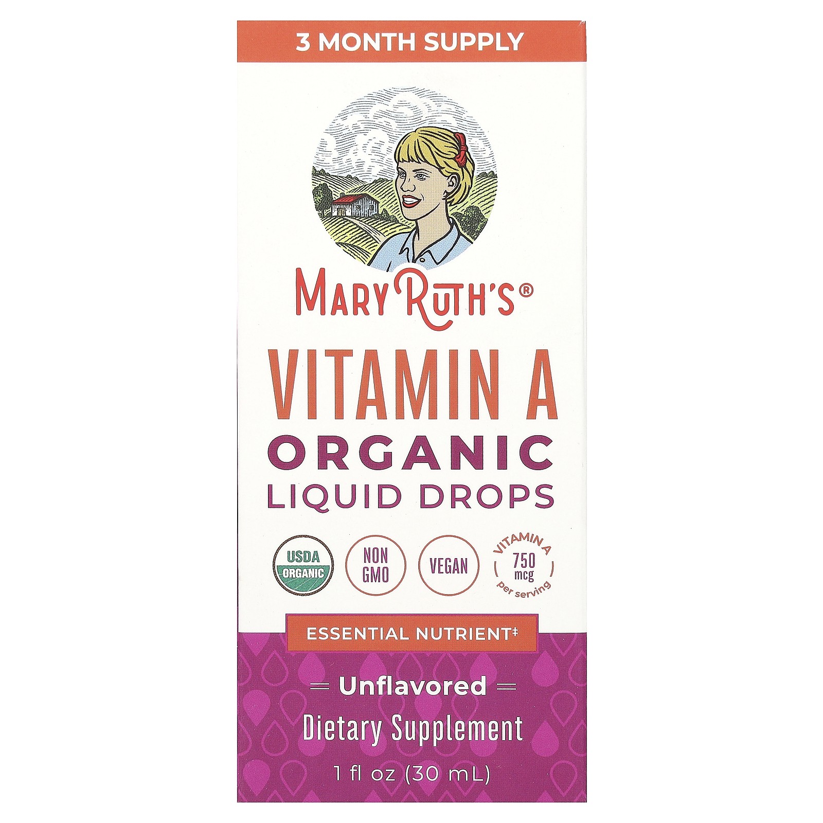 Organic Vitamin A Liquid Drops, Unflavored, 750 mcg, 1 fl oz
