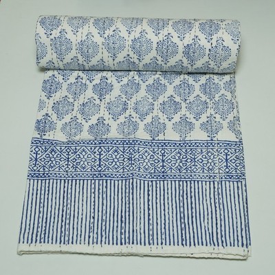Block Print Bedspread Queen King Boho Blue White Kantha Quilt Cotton 