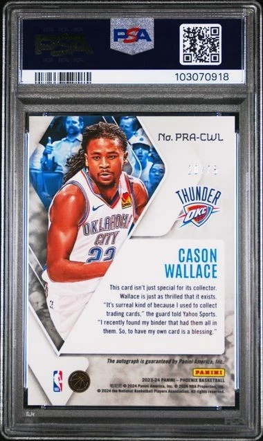 2023 Panini Phoenix Rookie Auto Cason Wallace Purple SP RC /75 PSA 9 OKC Thunder - Image 2 of 3