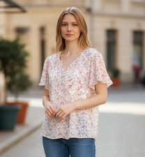 Cathy Women s L White Floral V-Neck Flutter S...