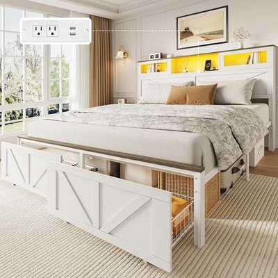 Queen Bed Frame with Headboard Bed Frame Queen Size with Charging Station LED