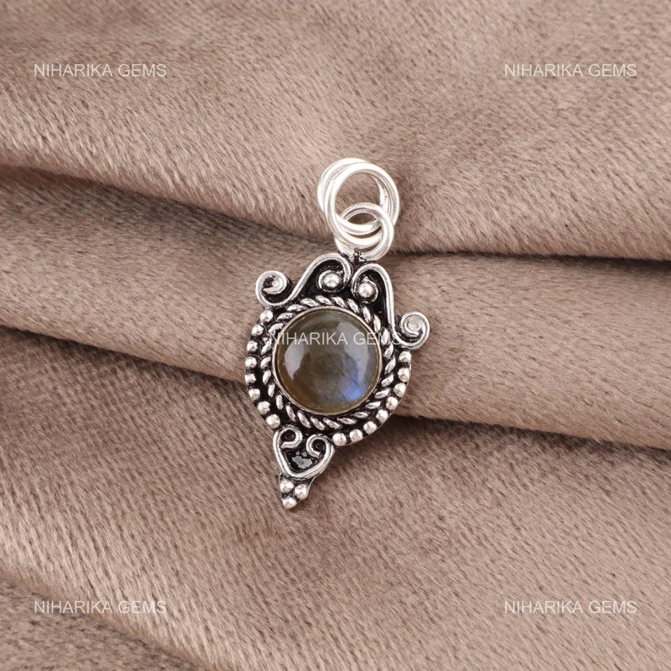 Sterling Silber Runde Labradorite Edelstein Schwarz Freitag Geburtstag Anhänger - Bild 4 von 4