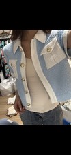 Cinq à Sept Women’s Blue/White Colorblock Short Sleeve Button Jacket Pockets 