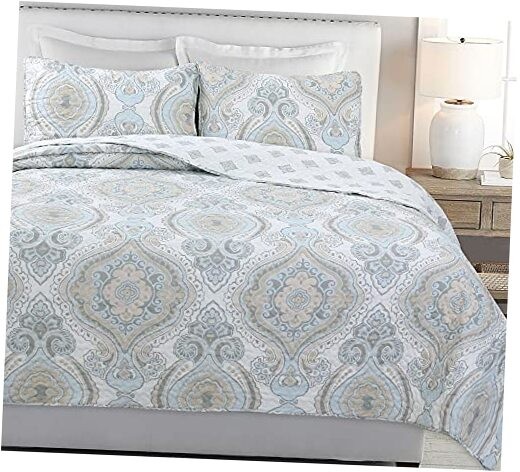  Gray Taupe Blue Floral Majesty Reversible Quilt Bedding Queen Modern Medallion