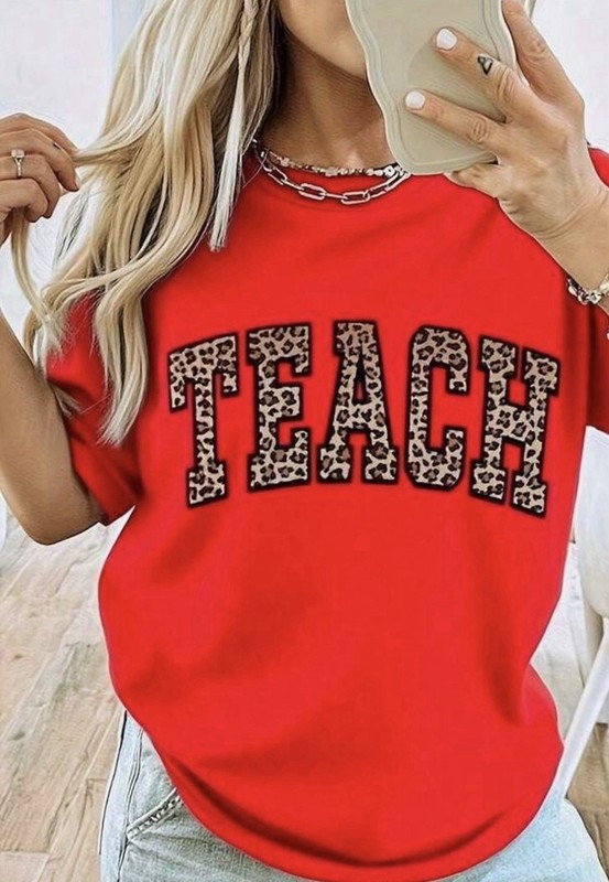 Women’s Red Cotton Crew Neck Short Sleeve Graphic Tee “TEACH” Size M