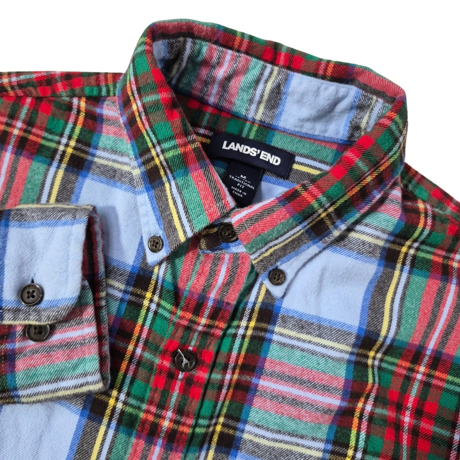 Lands' End Flannel Shirt Mens Medium Blue Red Green Plaid Traditional Fit Cotton