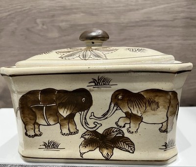 Vintage Formalities by Baum Bros Ceramic Container w/Lid & Elephant Motif 6.5  L