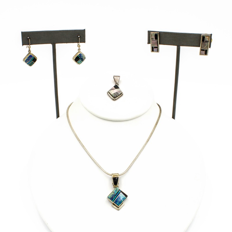 Signed Southwest Sterling Turquoise MOP Inlay Earring Pendant Lot of 4 #S5339-2