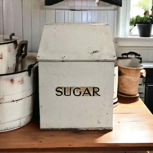 Antique Slant Front Sugar Bin Hinged Tin Metal Hoosier Stenciled Farmhouse 1890s