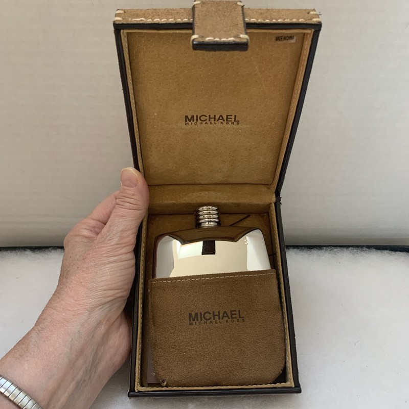 Rare Designer Michael Kors Stainless & Leather Hip Flask - 5 oz NIB With Tags