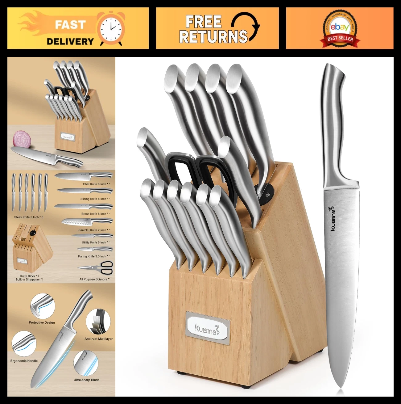 Premium 15PCS Sharp Knife Set - Carbon Steel, Ergonomic Handle, Block with Sharp