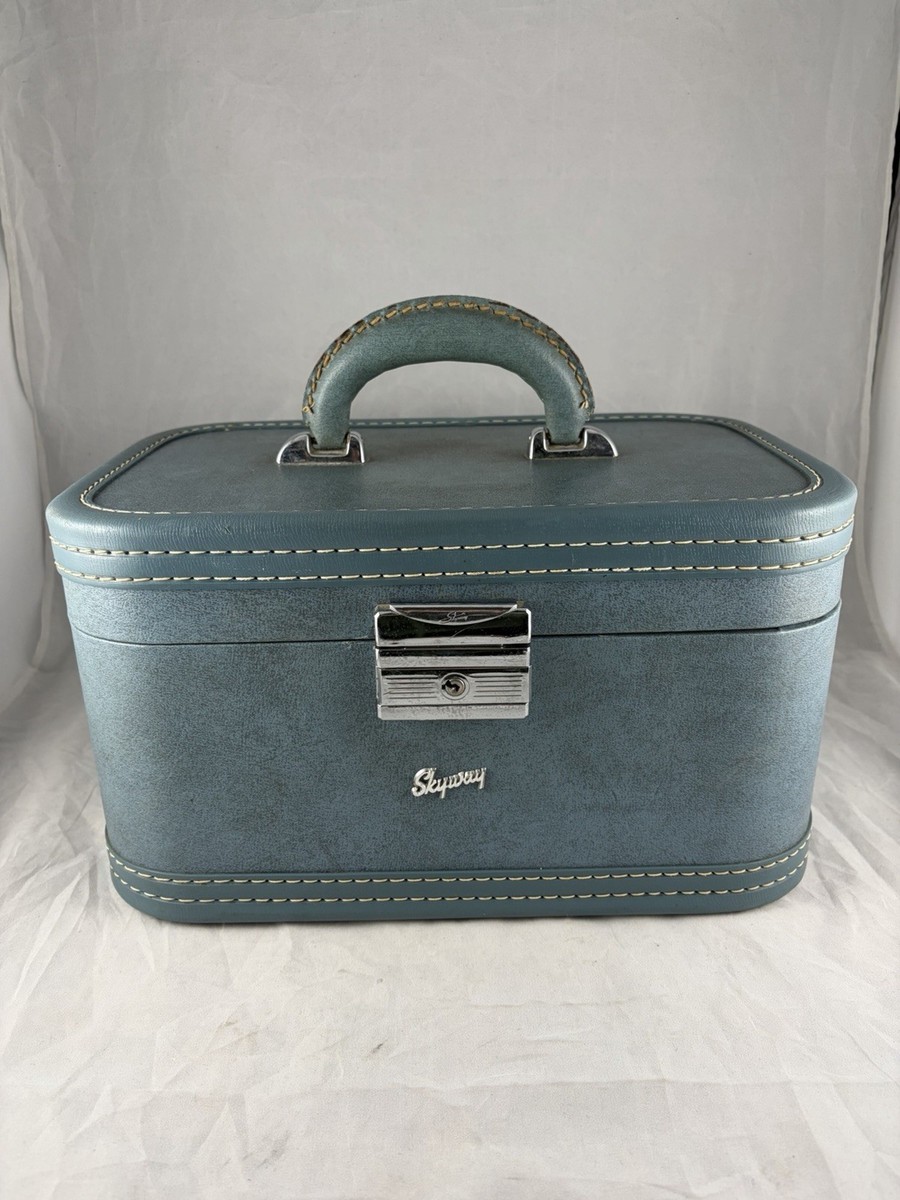 Vintage 1960's Skyway Travel Train Case Makeup Blue Vinyl With