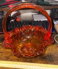 Vintage Orange Aberina Thumbprint  Ruffled Edge Fenton Glass Basket Bowl 8x8