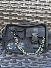 Bioworld Buckle & Chain Fanny Pack w/Body Strap, Japanese text, 9x5”